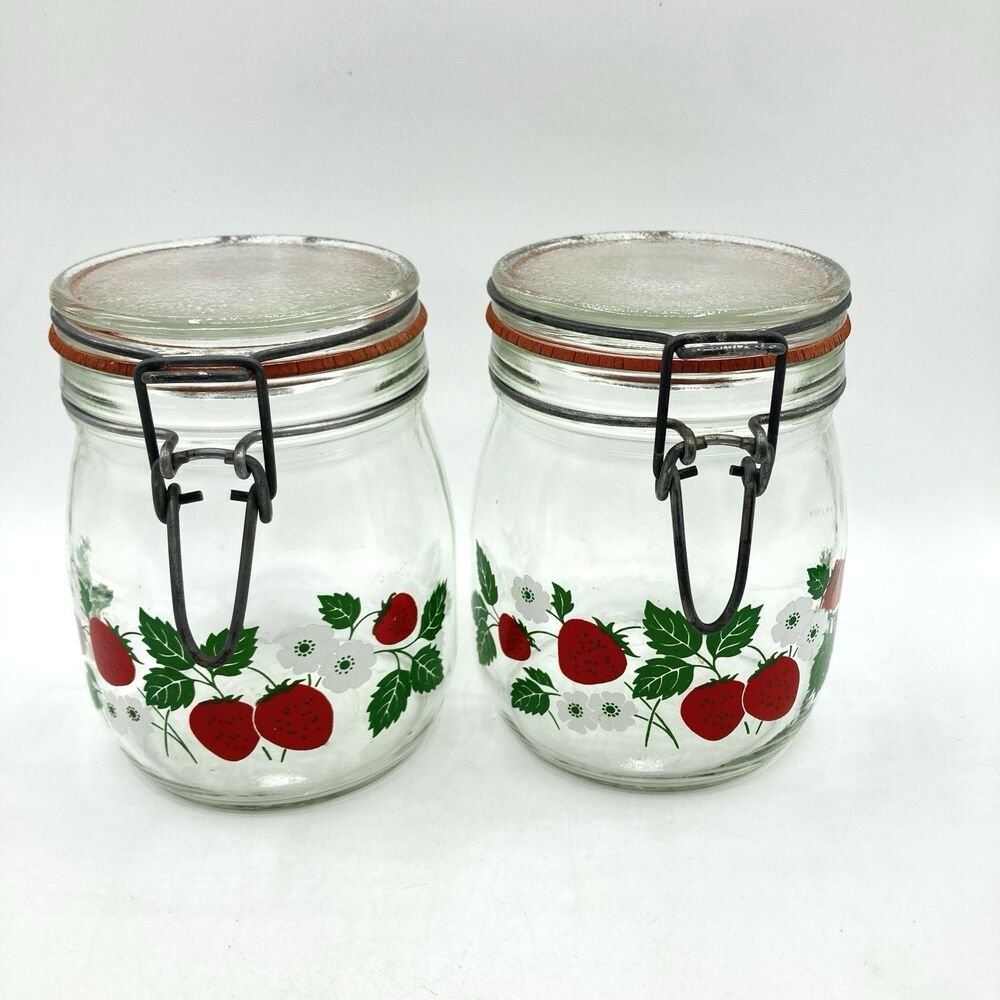 2 Set Vtg Carlton USA Strawberry Blossom 3/4L Hermetic Glass Jars Wire Bail Lid